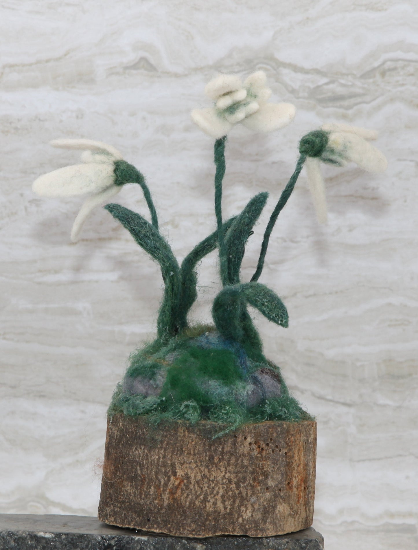 Snowdrops on a log - Felt Sculpture