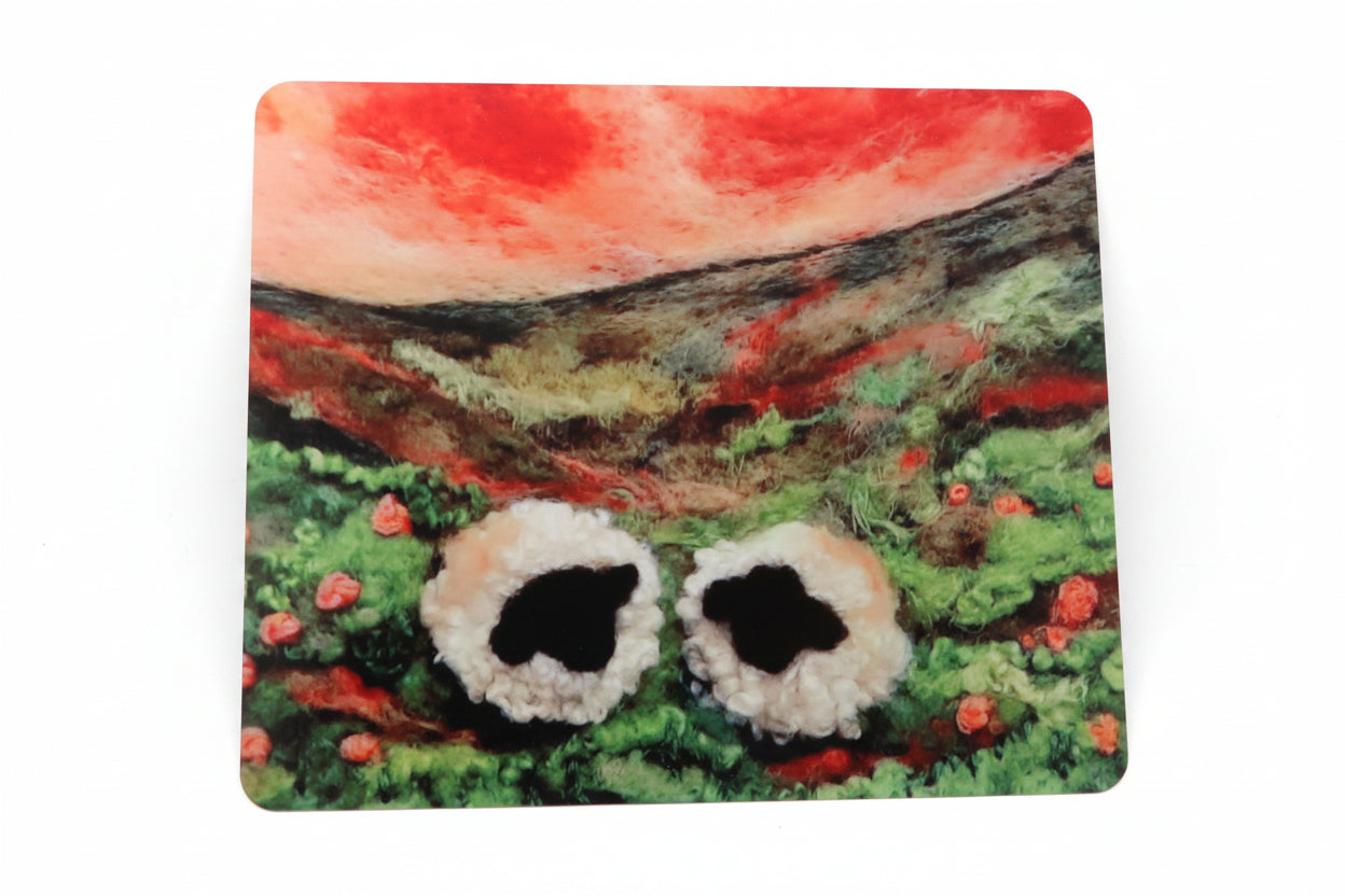 Artistic depiction of mushrooms in a natural setting with red and green colors.