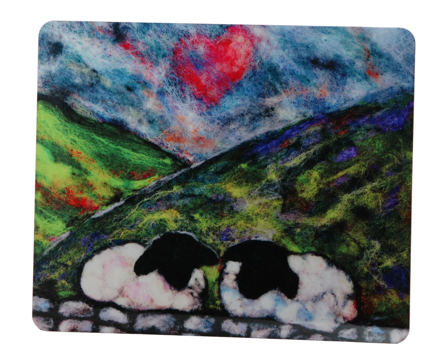 Artistic depiction of sheep under a colorful sky with a heart shape.