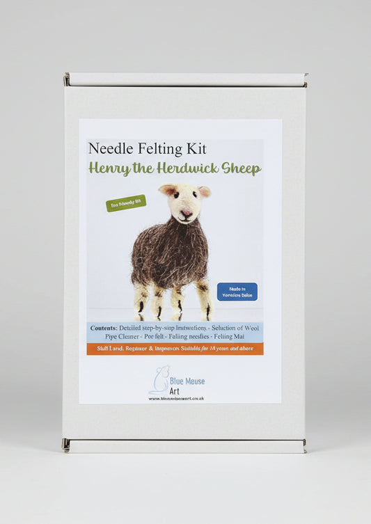 Boxed needle felting kit for Henry the Herdwick Sheep on a wooden surface