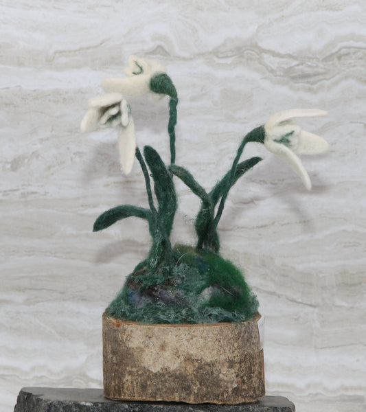 Snowdrops on a log - Felt Sculpture
