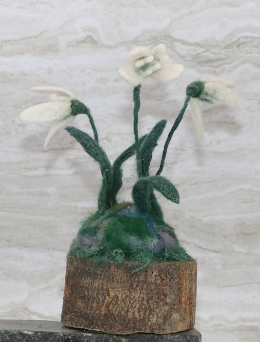 Snowdrops on a log - Felt Sculpture