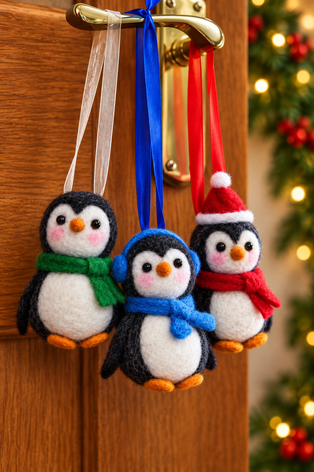 Three small felt penguin ornaments hang from a brass doorknob on a wooden door. Each penguin has black and white fur, orange beaks and feet, and a different colored scarf: green, blue, and red.