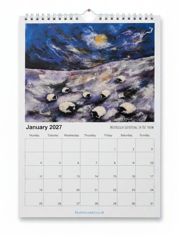 A spiral-bound January 2021 desk calendar featuring a stylized painting of sheep in a snowy landscape, inspired by Van Gogh's Starry Night, on a white background.
