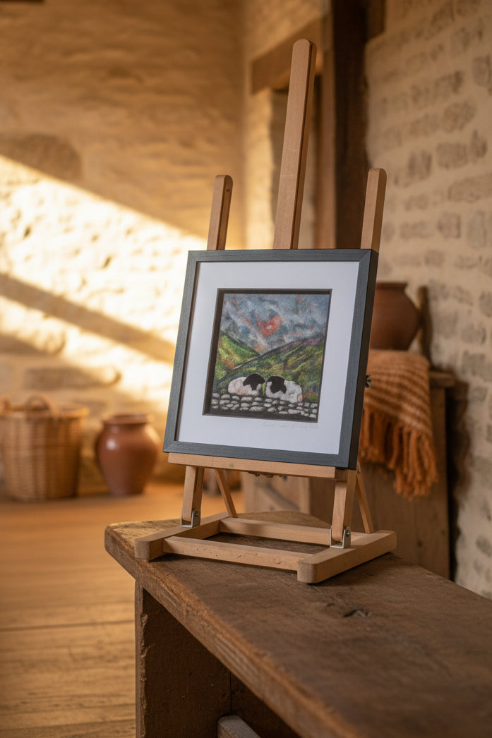 A framed landscape art print displayed on a wooden easel outdoors against a stone wall and trees.