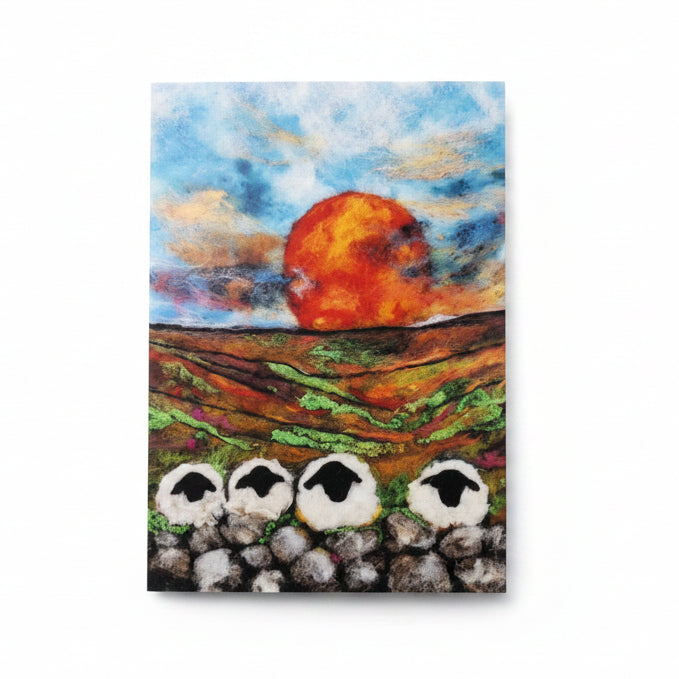 Greeting card with sheep and sunset 