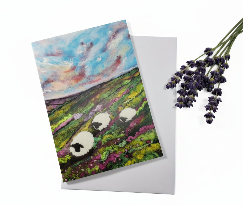 Painted card with sheep and landscape 