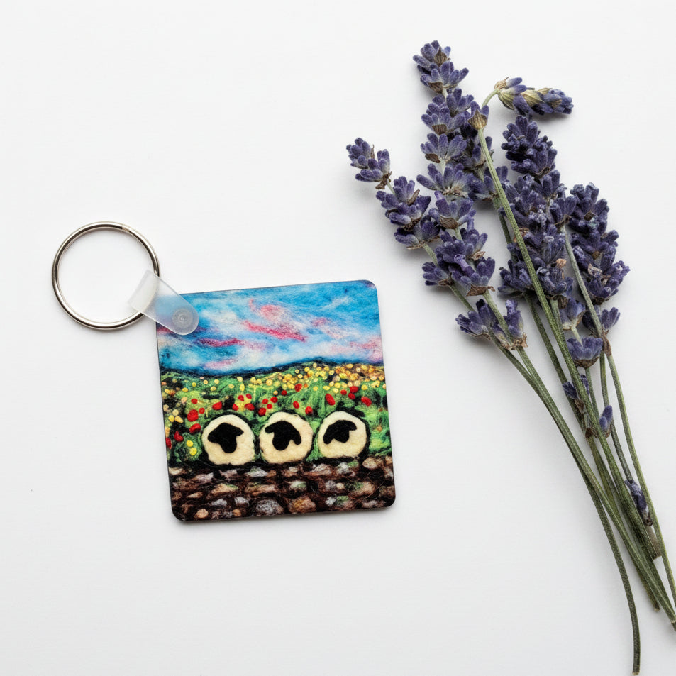A square acrylic keychain featuring a colorful painted landscape of sunflowers and a blue sky, shown on a textured gray concrete surface next to dried lavender sprigs.