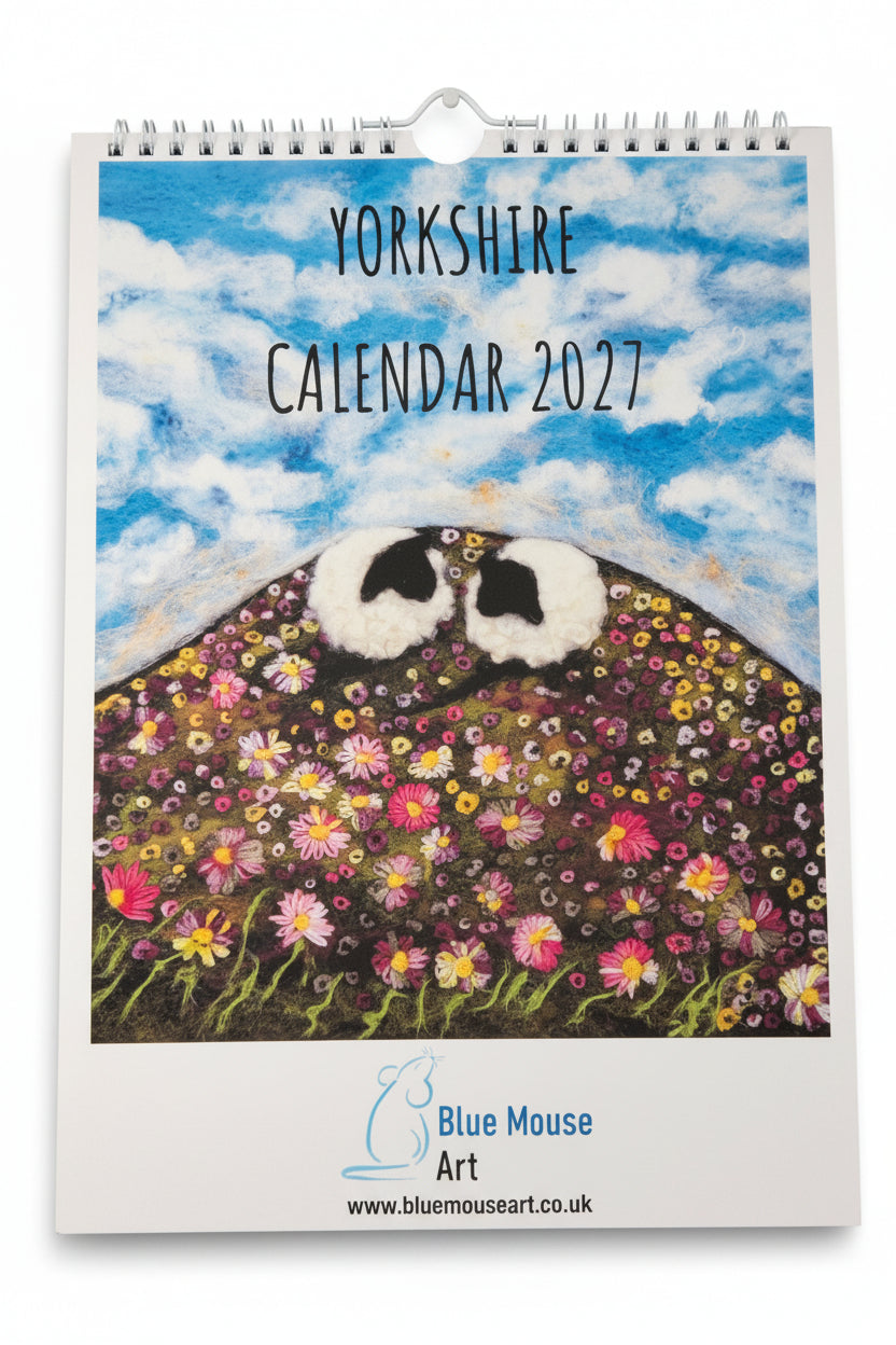 Yorkshire Calendar 2027 by Blue Mouse Art, featuring a colorful hand-painted style illustration of a hill covered in flowers under a blue sky with clouds.