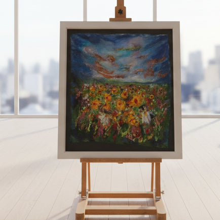 A framed colorful painting of a flower field under a blue sky, displayed on a wooden easel in a cluttered art studio or workshop.